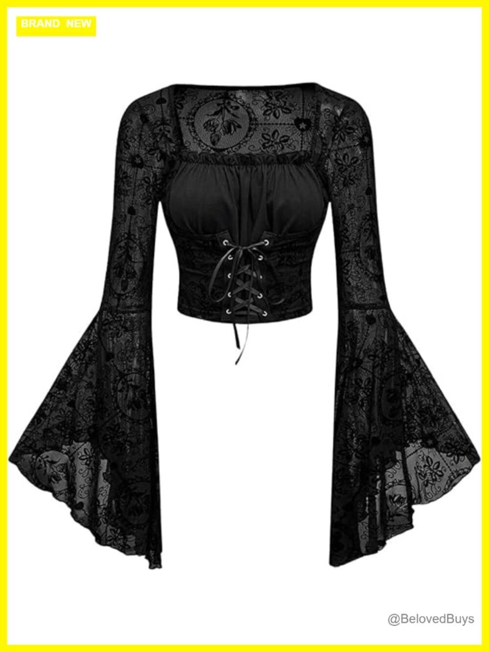 Sheer Mesh Grunge Top Long Bell Sleeve Crewneck Going Out Lace Tops Elegant